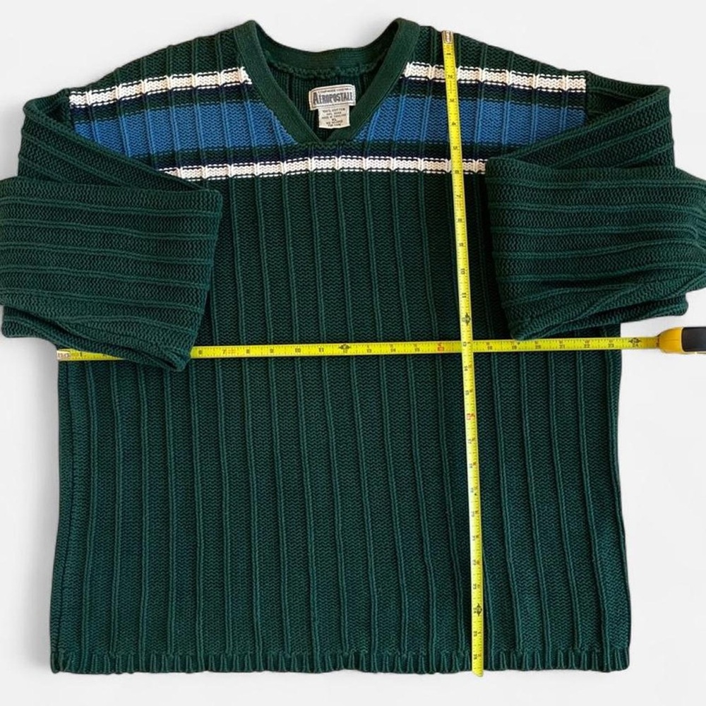 Vintage Aeropostale Green Cotton Chunky Ribbed Knit Blue & White V- Neck Sweater - Picture 3 of 5